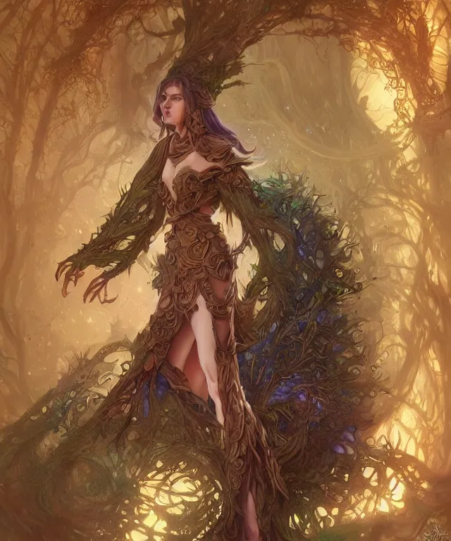 Image similar to a woman spore druid with fractal themed clothing, fully clothed, pet animal, D&D, fantasy, intricate, cinematic lighting, highly detailed, digital painting, artstation, concept art, smooth, sharp focus, illustration, art by Artgerm and Greg Rutkowski and Alphonse Mucha