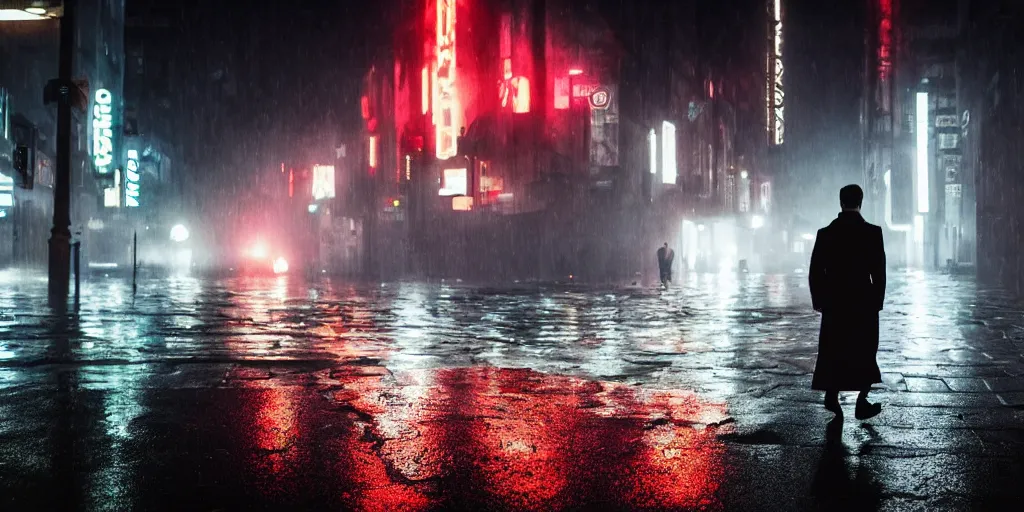 Prompt: a cinematic shot of a man in a trench coat walking down a foggy city street at night, wet streets, in the style of blade runner, colorful, neon