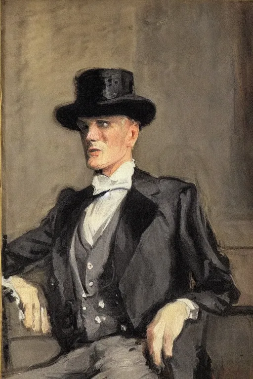 Prompt: portrait of dolph lundgren as a gentleman wearing an edwardian suit and top hat by walter sickert, john singer sargent, and william open