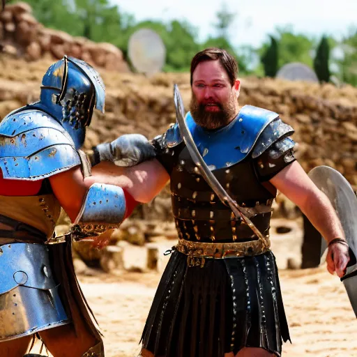 Image similar to jim from the office in a gladiator death match with dwight from the office, professional photography, 8k, promotional photography