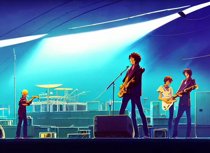 Prompt: live concert of the Dire Straits in a very big stadium, Ilya Kuvshinov, digital, concept art, Kyoto animation, last exile, blue submarine no. 6,loish, murata range, kawaii, yoshitaka amano, studio lighting, manga, bright colors, beautiful, 28mm lens,alphonse mucha, vibrant high contrast, gradation, jean giraud, moebius, fantasy, rule of thirds, fibonacci, intricate, cel shaded, flat, matte print, makoto shinkai