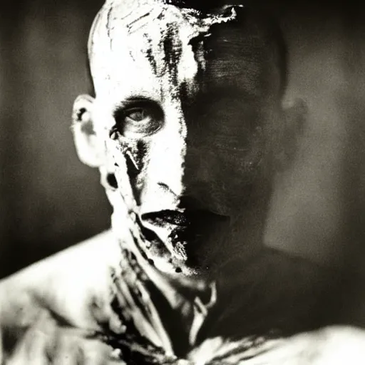 Image similar to black and white photograph the burned man wrapped in linen portrait dramatic lighting by Walker Evans