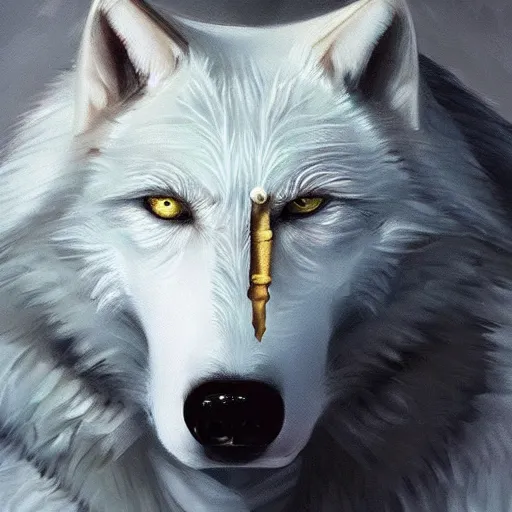 Image similar to A white wolf wearing an eyepatch, portrait, very detailed, artstation, award winning masterpiece, colourful, oil painting