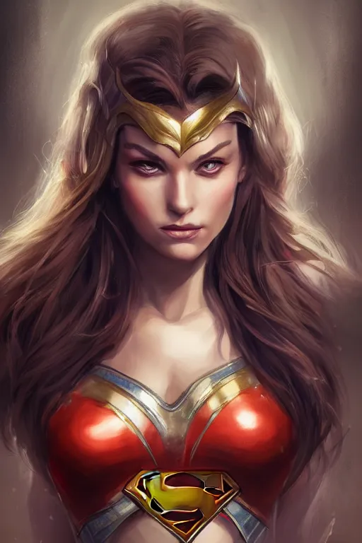 Image similar to three quarters portrait pose of a beautiful woman, strong body,super heroine costume,super powers, fantasy, intricate, elegant, highly detailed, digital painting, artstation, concept art,shining, sharp focus, illustration, art by Stanley Lau