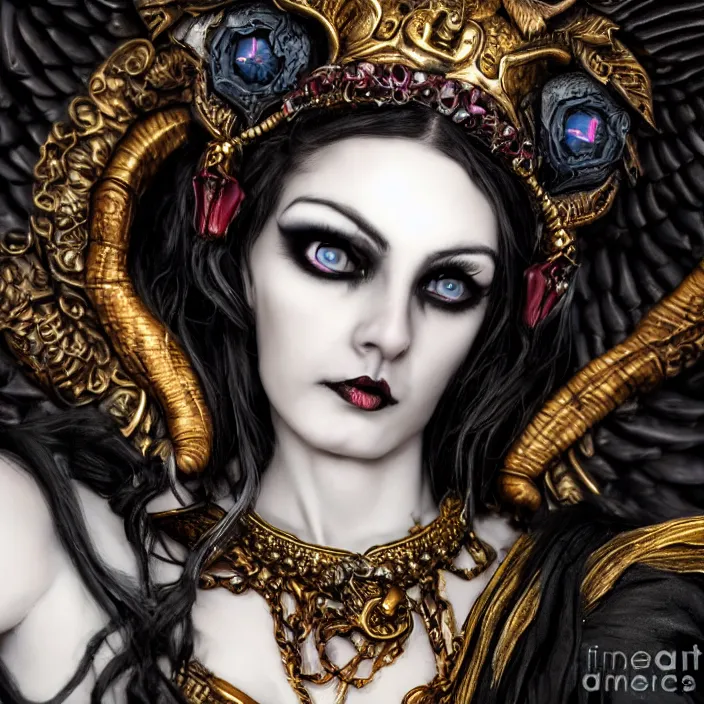 Image similar to perfectly centered portrait, close up, candid photography, goddess of death, by anne stokes, updo, highly detailed