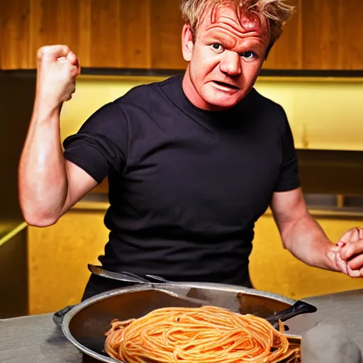 Image similar to <photo hd>Gordon Ramsey yells while eating spaghetti with his hands</photo>