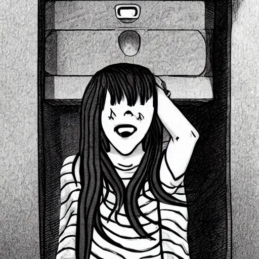 Image similar to a depressed 1 7 years old girl, coming out of the vent, in the style of junji ito