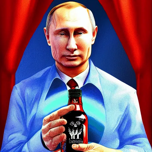 Prompt: putin holding a bottle of arak ayalim, cinematic, beautiful digital painting, hyper detailed