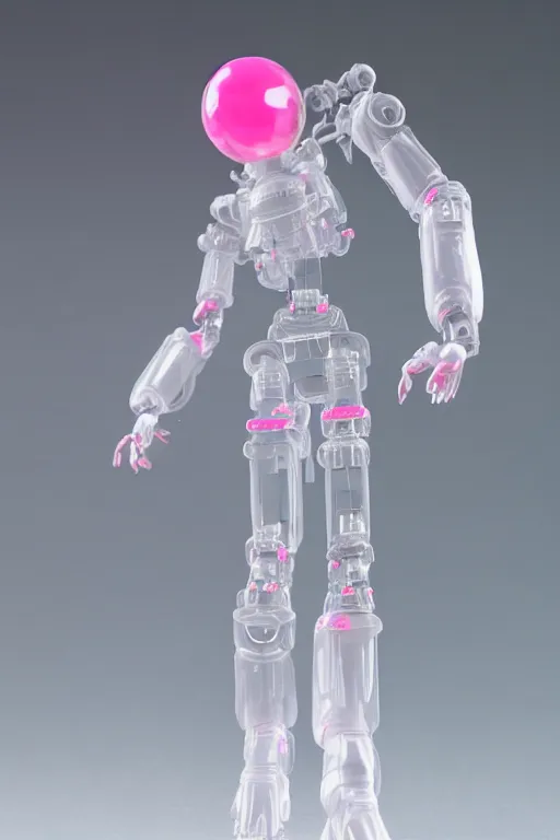 Image similar to a intricate anime figurine that looks like a transparent plastic robot with fluo colored details, fog all around, moody light