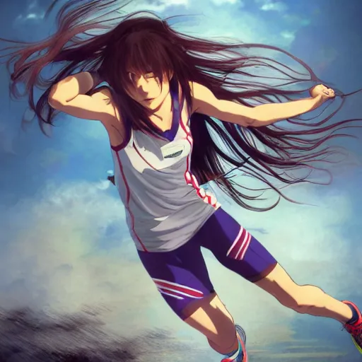 Prompt: a girl is running, sport clothing, anime style, long hair, hair down, symmetrical facial features, yowamushi pedal show, hyper realistic, highly detailed, rule of thirds, extreme detail, detailed drawing, trending artstation, realistic lighting, by alphonse mucha, greg rutkowski, sharp focus, backlit, real faces, realistic anatomy