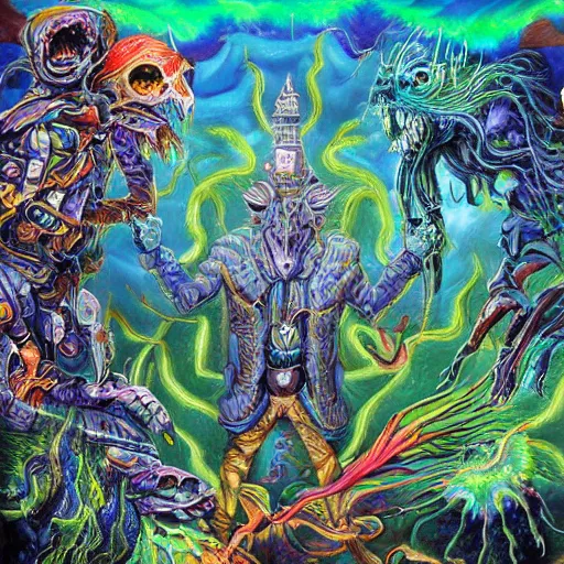 Image similar to a high hyperdetailed painting of the war between the monsters of reason vs the monsters of imagination, the merging of determined and undetermined worlds horror and spiritual fantasy creatures, as dichotomies are broken in search of elevation psychedelic surreal magical dystopian technological utopian psycho spiritual art, anarchist art chaotic fulcolor