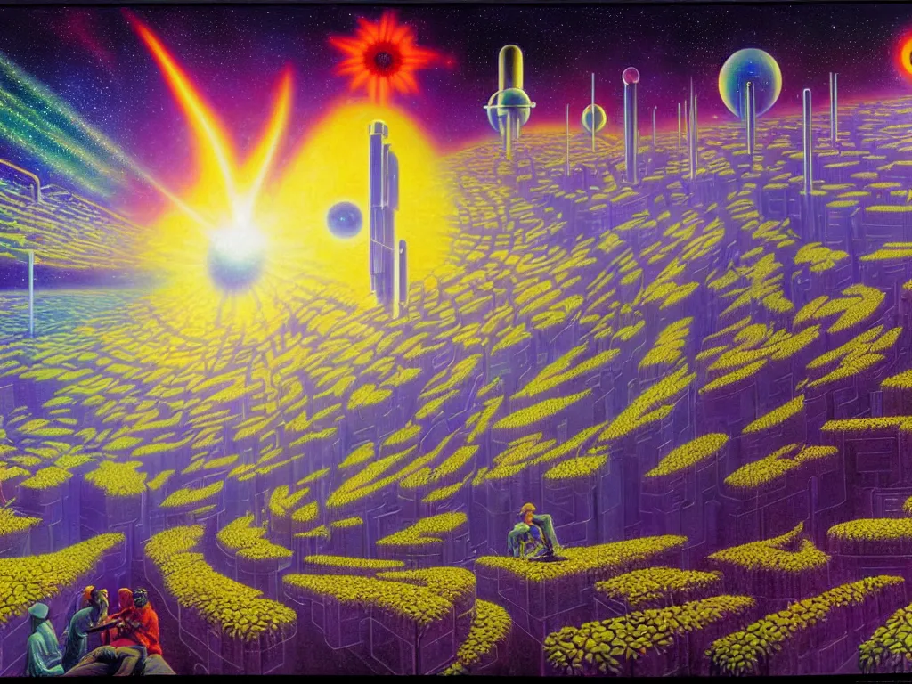 Image similar to a beautiful future for reality simulation, scientists and space flowers, utopian, by david a. hardy, wpa, public works mural, socialist