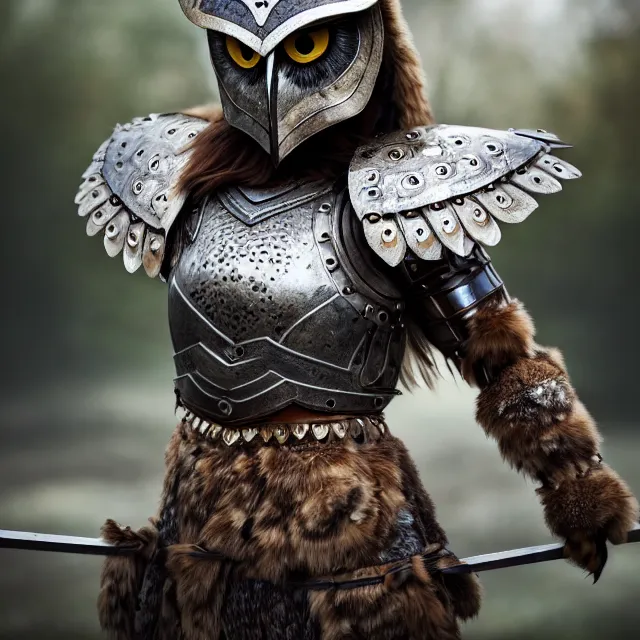 Prompt: full body photo of a beautiful cute strong warrior queen wearing owl armour and helmet, highly detailed, 8 k, hdr, smooth, sharp focus, high resolution, award - winning photo