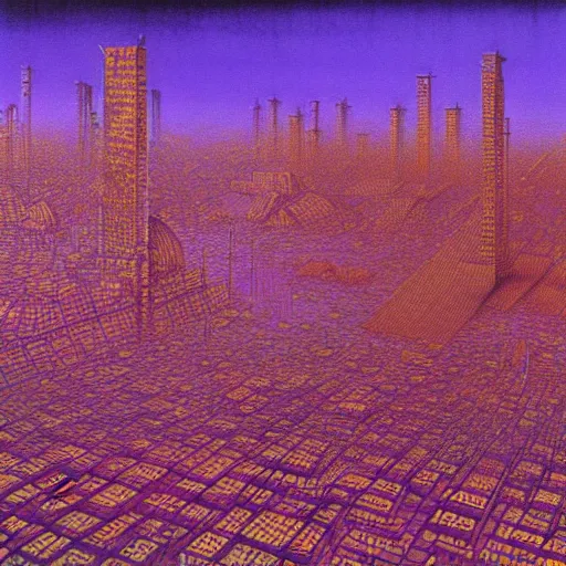 Image similar to purple cyberpunk city, by Beksinski and Hokusai