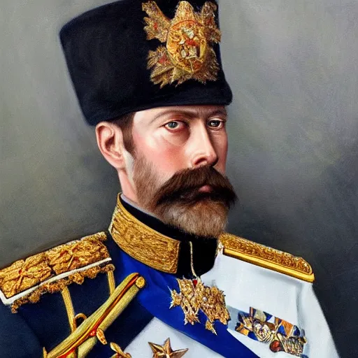 Image similar to detailed hyper-realistic portrait painting of Tsar Nicholas II of Russia 4K details