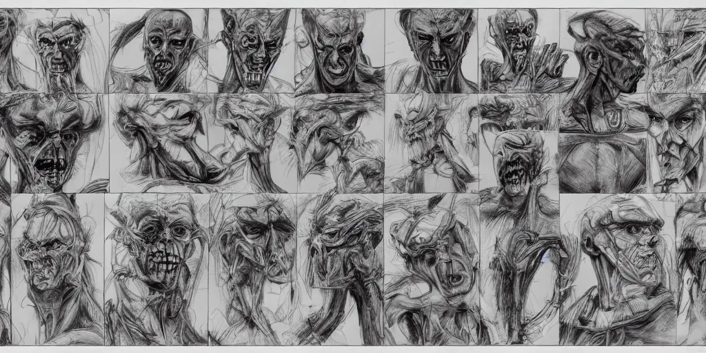 Image similar to highly detailed character sheet, expressive facial features, technical drawing, frontal and side views, human head, game protagonist designs, side - scrolling 2 d platformer, art by h. r. giger, kim jung gi and burne hogarth