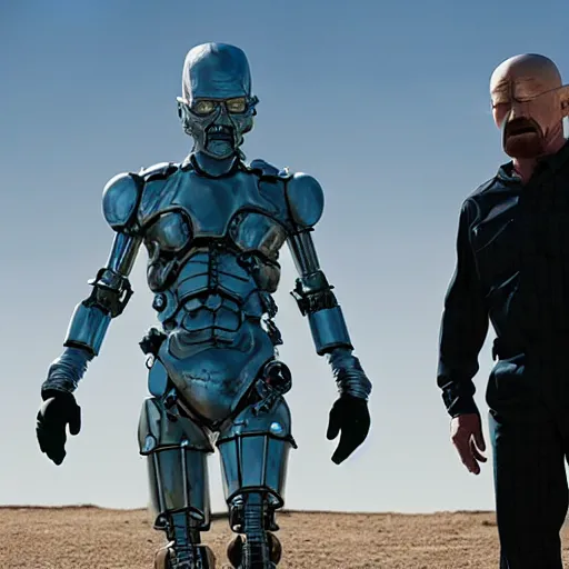 Image similar to Film still of Walter White in cybernetic battle armor in new futuristic futuristic Breaking Bad movie, highly detailed, 4k
