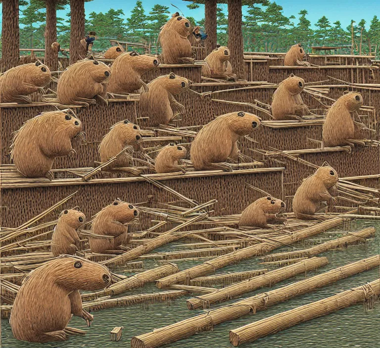 Image similar to photography hyperrealism concept art of highly detailed anthropomorphic beavers builders that building city with sticks by hasui kawase