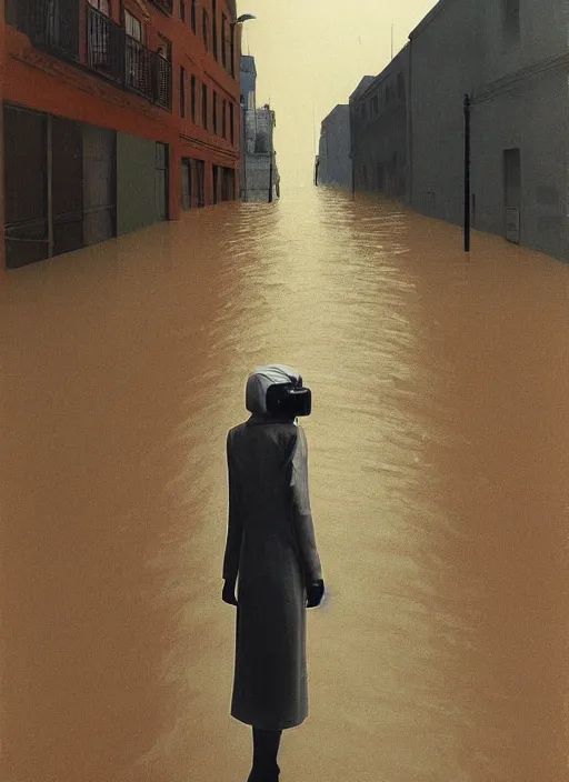 Image similar to woman in vr headset made of paper, dressed in plastic bags, on flooded street Edward Hopper and James Gilleard, Zdzislaw Beksinski, highly detailed