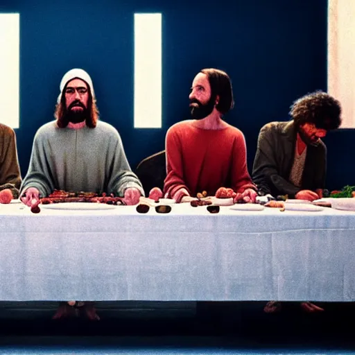 Prompt: a UHD still from an award winning film about last supper set in 2022. Directed by Stanley Kubrick and Wes Anderson, Art directed by Edward Hopper.