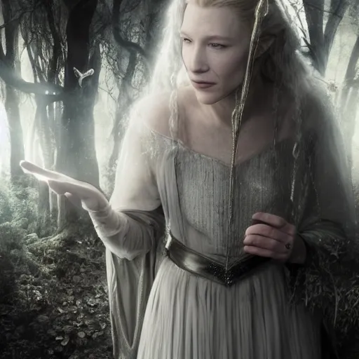 Prompt: portrait of ((mischievous)), baleful young (Cate Blanchett) as Galadriel as a queen of fairies, dressed in a beautiful silver dress. The background is a dark, creepy eastern europen forrest. night, horroristic shadows, high contrasts, lumnious, photorealistic, dreamlike, (mist filters), theatrical, character concept art by ruan jia, Louise Élisabeth Vigée Le Brun, thomas kinkade, and J.Dickenson, trending on Artstation