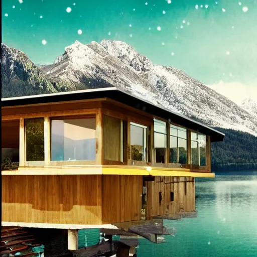 Image similar to wes anderson style modern futuristic house near the lake, snowy mountains and green forest, cinematic, realism, photo, detailed