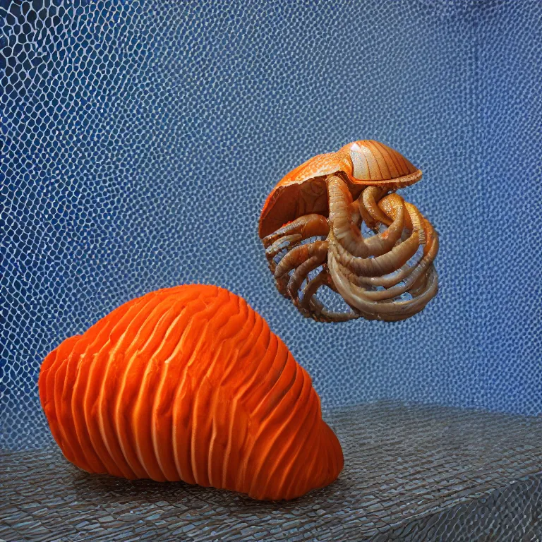 Image similar to hyperrealistic sculpture of a bronze chambered nautilus hermit crab dusted with blue and orange spraypaint in a grid cage on a pedestal by ron mueck and duane hanson and lee bontecou, hyperrealistic dramatic colored lighting trending on artstation 8 k