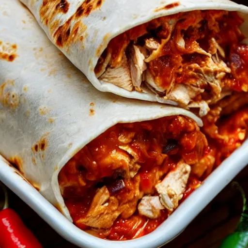 Image similar to a still of the Spiciest chicken burrito with ghost peppers and fire sauce, hd