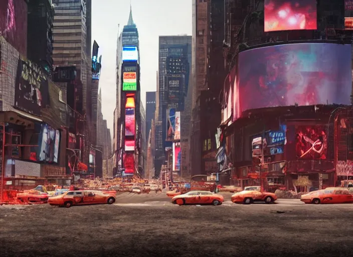 Image similar to film still of post apocalyptic empty time square at midnight, overgrown with wildlife walking through in the new sci - fi movie, 8 k