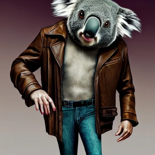 Image similar to koala in a leather jacket smoking a cigar sitting at a conference table shouting, full body shot, portrait, fantasy, beautiful face, vivid colors, elegant, concept art, sharp focus, digital art, Hyper-realistic, 4K, Unreal Engine, Highly Detailed, HD, Dramatic Lighting by Brom, trending on Artstation