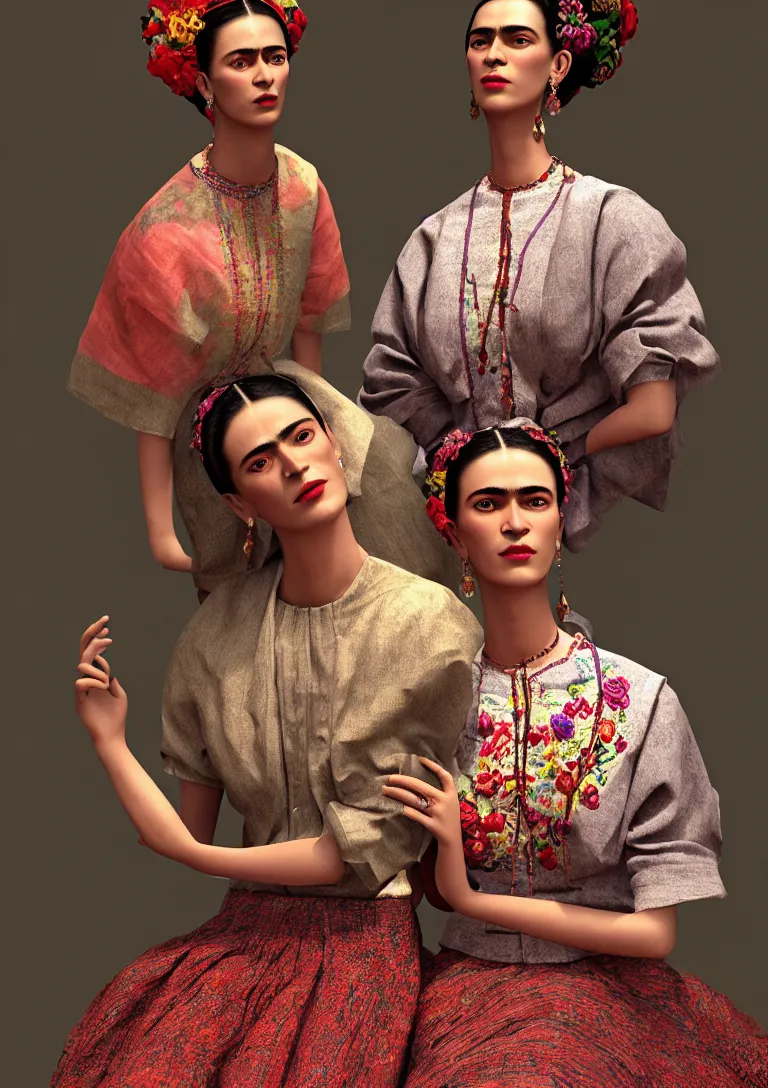 Image similar to cloths on frida khalo style, high detailed intricate fashion clothing, cotton texture, silk colors, ultra realistic, octane render, volumetric lights, long, wide skirts, loose - fitting blouses, elaborate hairstyles, and intricate embroidery