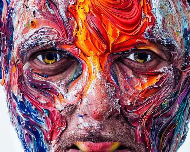 Image similar to still shot close up footage of the portrait of a human head explodes and disintegrates into acrylic pour and splashing paint, motion blur, hyperrealistic, medical, intricate art photography, anatomically correct, realistic crisp textures, 1 6 k