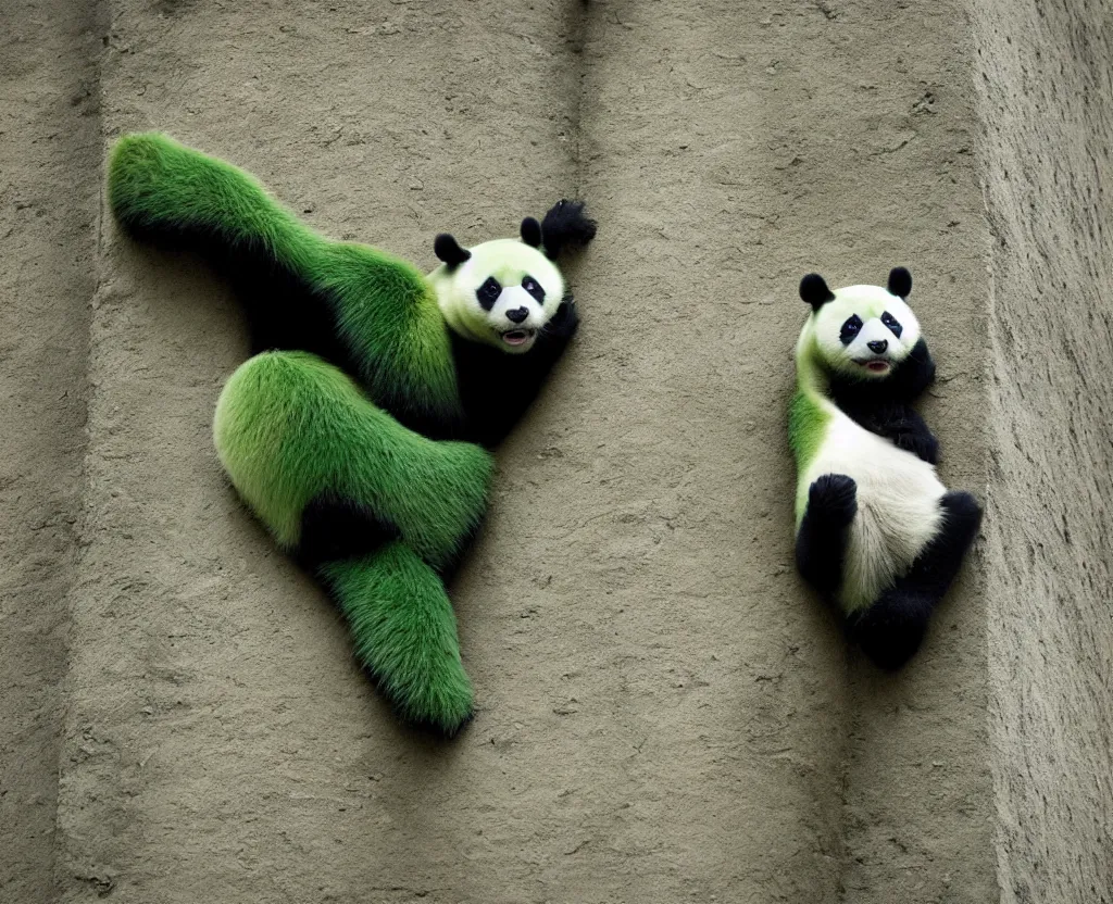 Prompt: Green panda climbing a chimney, National Geographic photography