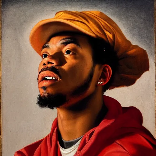 Image similar to a portrait painting of Chance The Rapper as a Poetic Philosopher in the style of Caravaggio, 1599, realistic, detailed