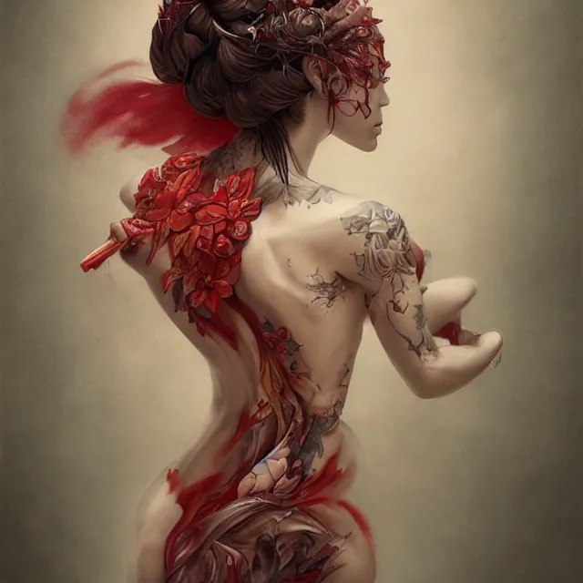 Image similar to ultra realistic illustration, beautiful ethereal woman dressed in red kimono, backview, tattoos, in the style of peter mohrbacher by weta digital and beth cavener, high face symmetry, intricate, masterpiece, award winning, high face symmetry, intricate