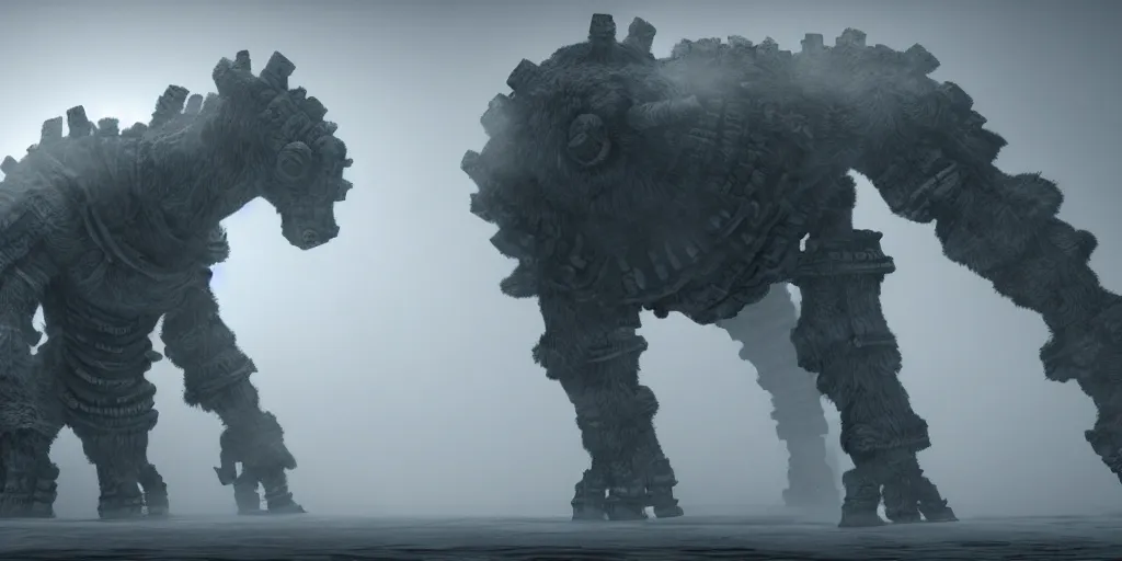 Image similar to colossus from shadow of the colossus with a white fur, fog, dark, fantasy, clean room, unreal engine, digital art