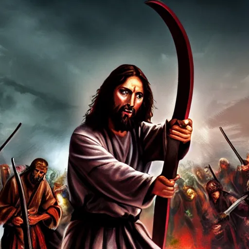 Image similar to jesus christ holding a katana and fighting a horde of zombies, 4 k, high resolution, still, landscape, hd, dslr, hyper realistic