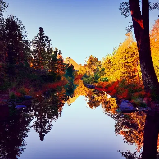 Image similar to river in a forest, golden hour, ray tracing reflection, 8k, hyper realistic, insainly detailed, hdr, octan render