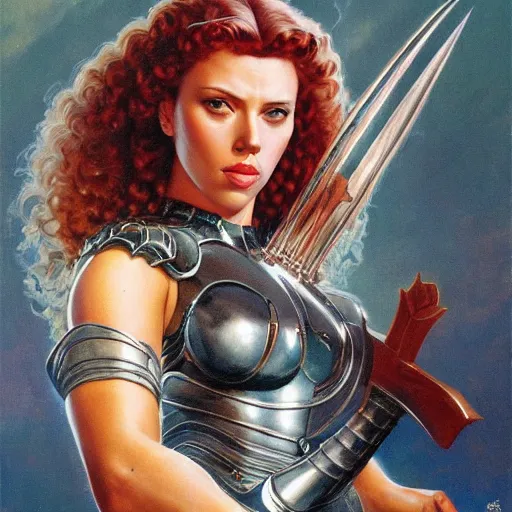 Image similar to A painting of Scarlett Johansson wearing a intricate silver armor and holding a large battle axe ,by by Boris Vallejo , Julie Bell , Brom , Frank Frazetta , Jeff Easley, cinematic, Norman Rockwell ,trending on artstation , rule of thirds ,HD 4k , focus face , body