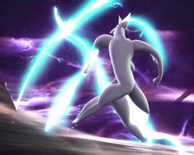 Image similar to mewtwo fighting frieza epic battle, cgi render, lightning, beams of light, wide angle, highly detailed