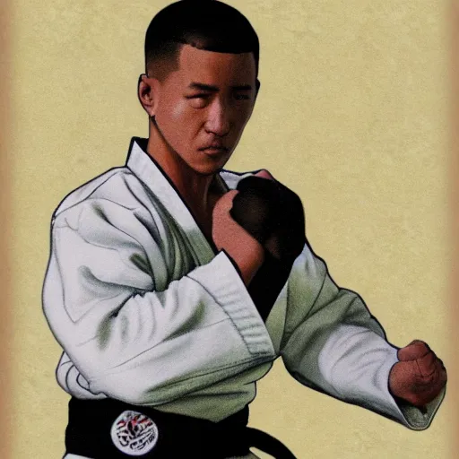 Image similar to hyperrealistic image of martial artist in uniform doing kata