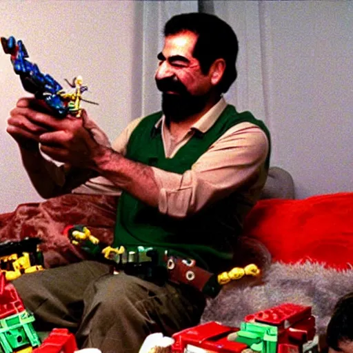 Image similar to saddam hussein playing with bionicle, christmas morning photo, 1990