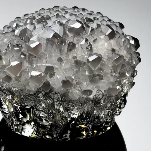 Image similar to a crystal mushroom with jagged crystal structures protruding from the cap, reflective, high detail