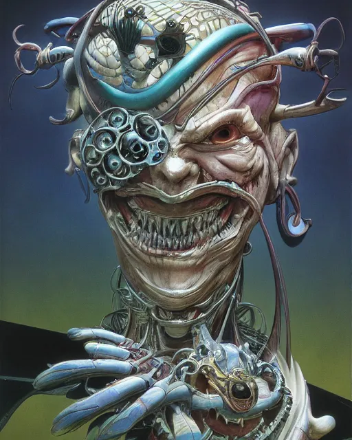 Image similar to jester by roger dean, by masamune shirow, by wayne barlowe, biomechanical, portrait, 4 k, wide eyes, hyper detailed, hyperrealism, anime