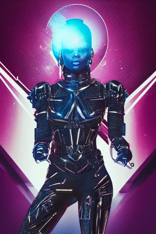 Image similar to full body portrait of the African Android Queen, by DC comics and Sandra Chevrier and beeple, artstation, volumetric lighting, hyperrealism, futuristic royalty, strong and muscular, award winning costume design, cybernetic bionic cyborg, fashion show runway, futuristic fine textures, woven with electricity, high fashion superpowers, wakanda, 4k UHD, 35mm