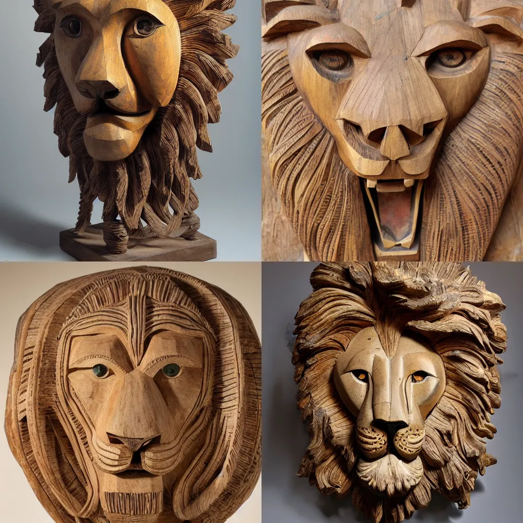 Prompt: a lion head Jati wood sculpture composed from tangled big arabic text, detailed, intricate