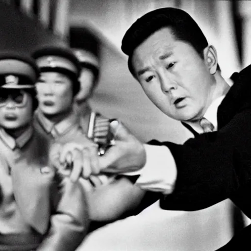 Prompt: Kim Jong-il in the role of James Bond, action filmstill, 1960s spy, Walther PPK, iconic James Bond shot