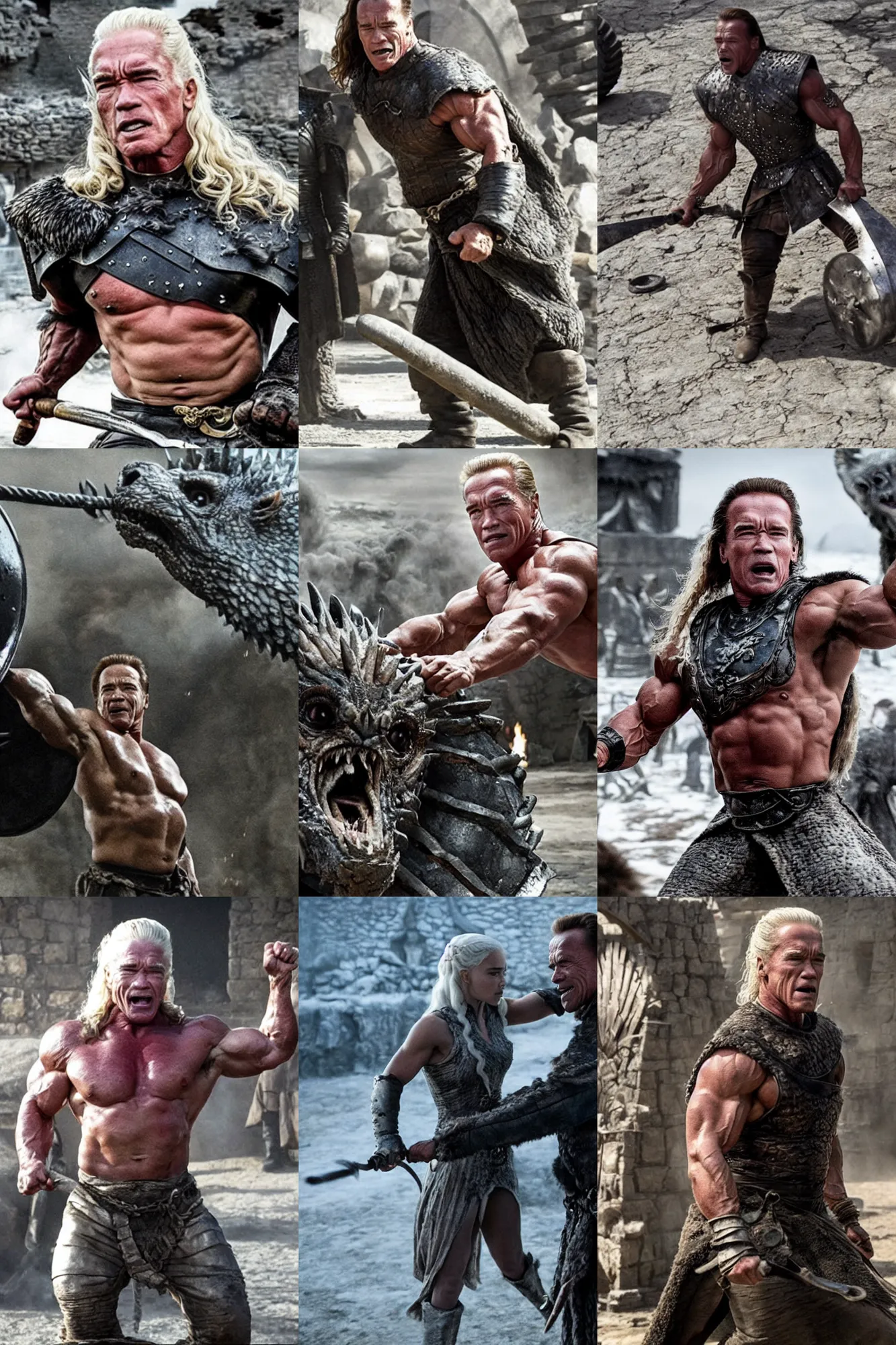 Prompt: still of arnold schwarzenegger breaking a wheel, as daenerys targaryen in game of thrones