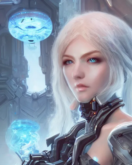 Image similar to holy cyborg necromancer girl, elegant, scifi, futuristic, utopia, garden, illustration, atmosphere, top lighting, blue eyes, white hair, beautiful, artstation, highly detailed, art by yuhong ding and chengwei pan and serafleur and ina wong