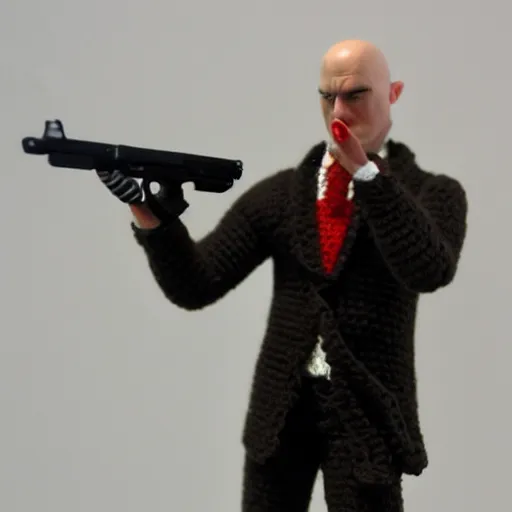 Image similar to agent 47 crochets a gun